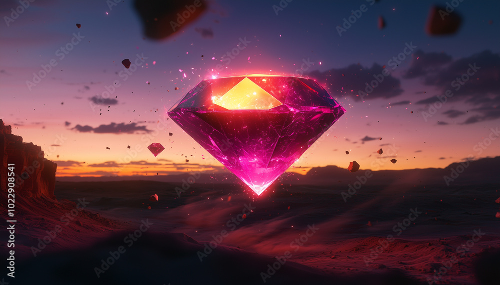 Fototapeta premium floating red and raw diamond suspended in the air above a desert landscape at night