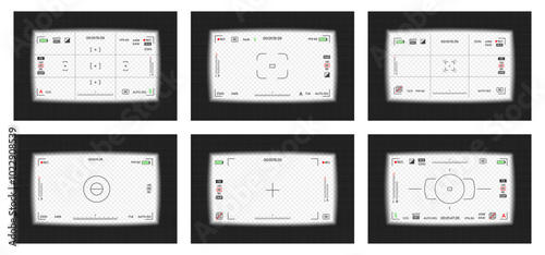 Camera viewfinder video or photo frame recorder flat style design vector illustration set. Digital camera viewfinder collection with exposure settings and focusing grid template.