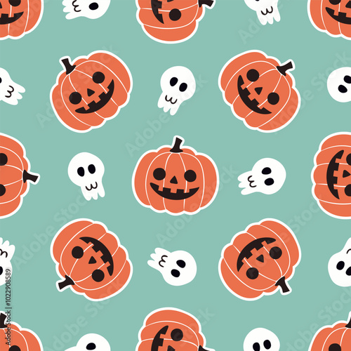 Halloween pattern with smiling jack-o'-lantern pumpkins and cute skulls on teal background. Fun Halloween design for holiday decorations, wrapping paper. Retro vector seamless pattern for Halloween.