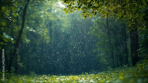 Sunlight filtering through the leaves of a lush green forest with raindrops falling.