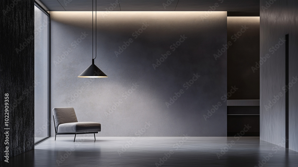 Modern metal pendant light in an all-gray minimalist space, creating soft lighting contrast on the walls Modern metal pendant light in an all-gray minimalist space, creating soft lighting contrast on the walls