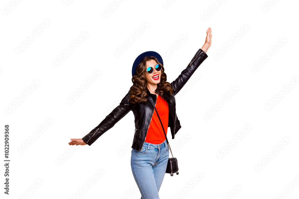 Photo of careless lady dancing on street overjoyed by spring warm weather wear stylish outfit isolated yellow color background Photo of careless lady dancing on street overjoyed by spring warm weather wear stylish outfit isolated yellow color background