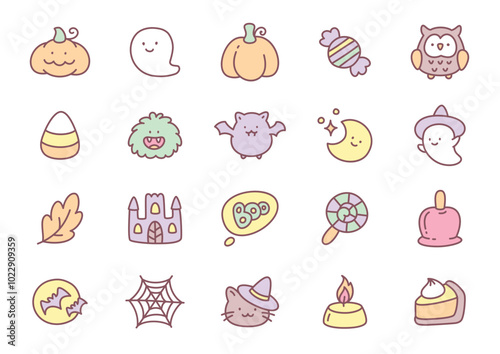 Kawaii halloween icon set. Collection of cute hand drawn stickers (bat, moon, black cat, ghost, sweets etc.) isolated on a white background. Vector 10 EPS.
