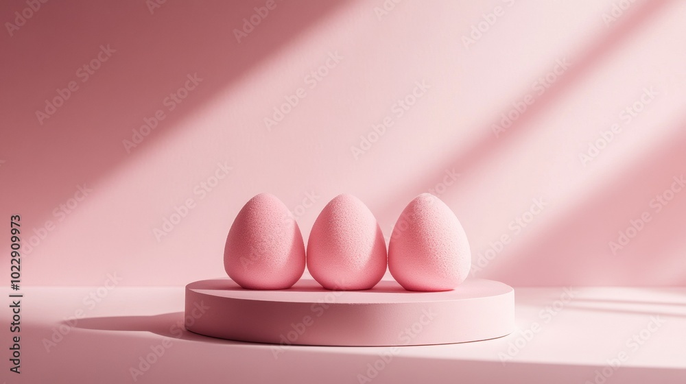 Fototapeta premium Three pink makeup sponges sit neatly on a round holder.