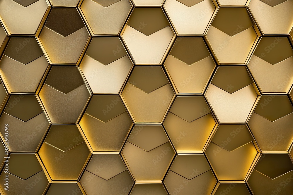 A close-up of metallic overlapping hexagonal patterns creating a stunning visual effect in a golden hue A close-up of metallic overlapping hexagonal patterns creating a stunning visual effect in a golden hue