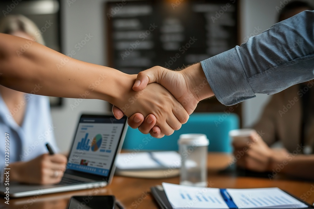 Small business owners engage in a productive partnership discussion over coffee, showcasing collaboration and smart-casual professionalism Small business owners engage in a productive partnership discussion over coffee, showcasing collaboration and smart-casual professionalism