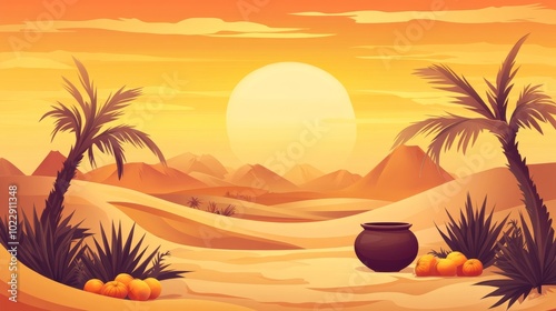 A Pongal cartoon desert scene with ancient pots and jars on the ground, palm trees in the background