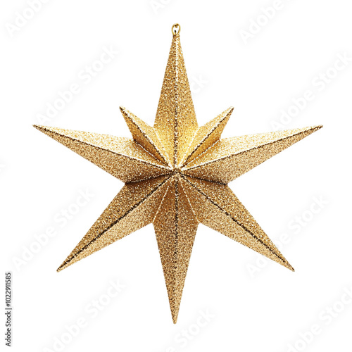 A single hanging gold glitter six-point Christmas star decor element on an isolated background