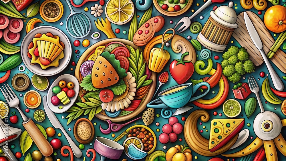 Fototapeta premium Whimsical Restaurant Doodle Featuring Food Icons, Utensils, and Cozy Dining Elements for Decor