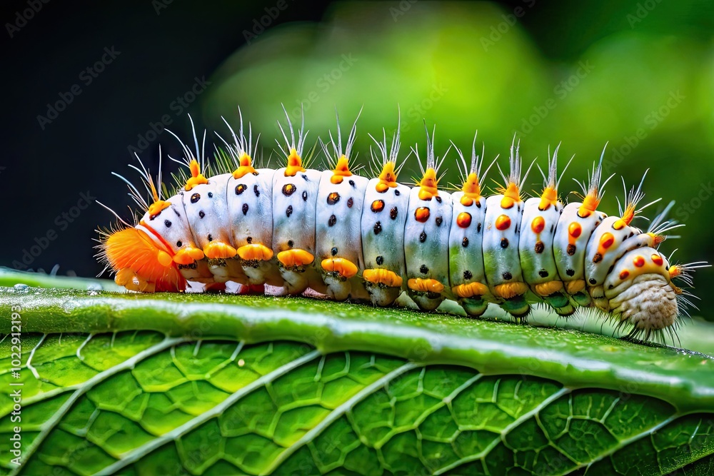 White Caterpillar with Orange Head Crawling on Green Leaf in Natural Outdoor Habitat Environment White Caterpillar with Orange Head Crawling on Green Leaf in Natural Outdoor Habitat Environment