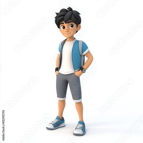 Friendly Cartoon Boy with Backpack and Casual Outfit