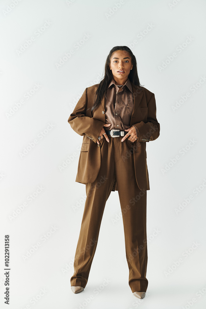A young woman showcases her fashion sense in modern brown attire, exuding confidence and style. A young woman showcases her fashion sense in modern brown attire, exuding confidence and style.