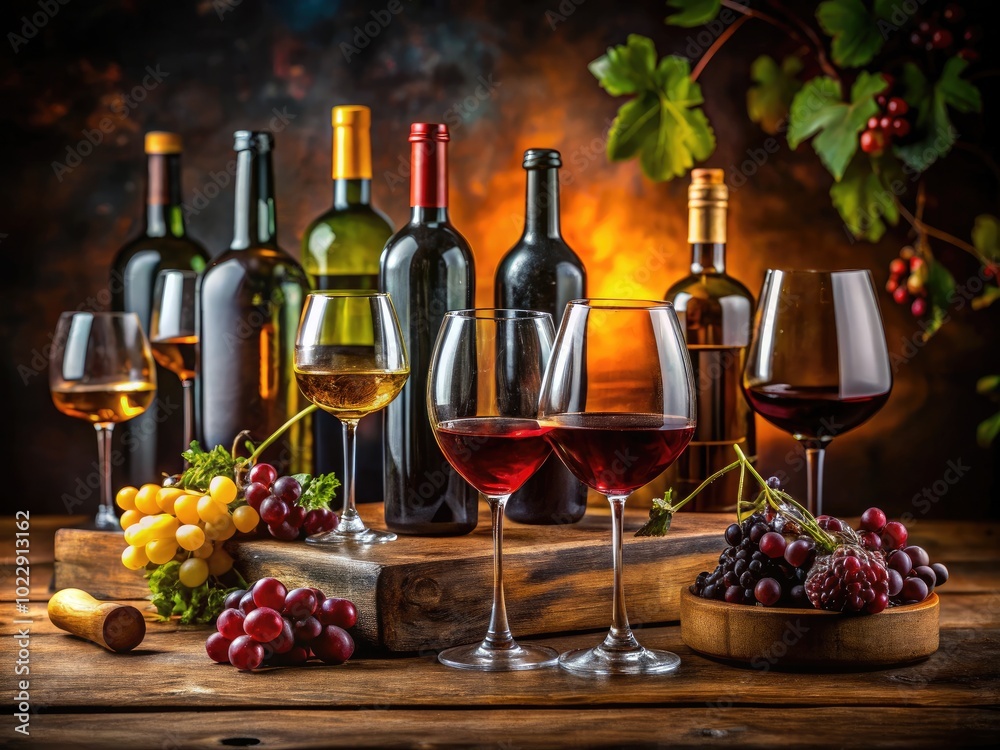 Fototapeta premium Wine Education and Tasting Experience with Glasses, Bottles, and Sommelier Tools on Wooden Table