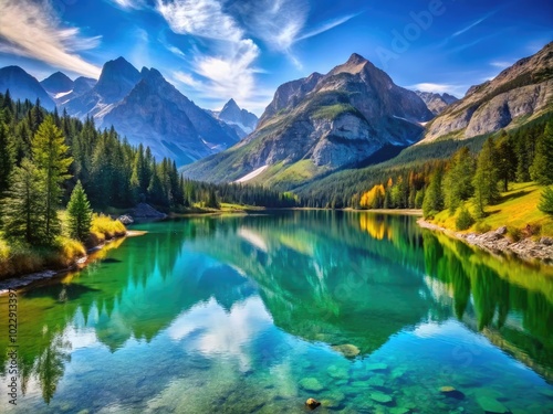 Wisdom in Nature: Serene Landscape with Majestic Mountains, Tranquil Lake, and Clear Blue Sky