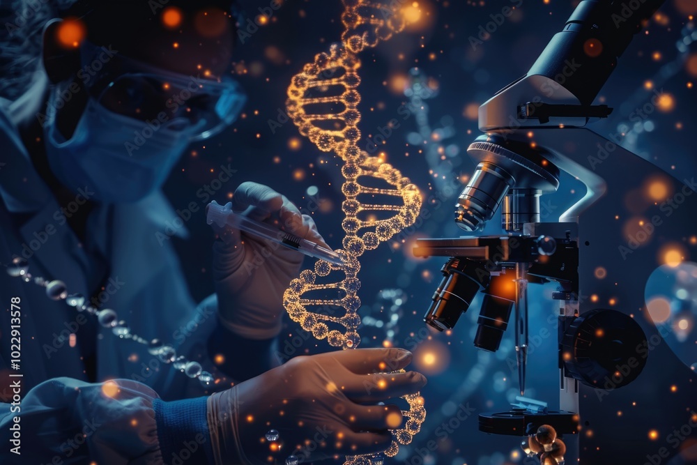 Research and development in biotechnology  DNA engineering with microscope.