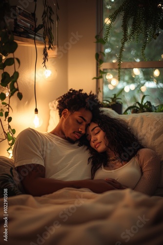 A couple cuddling in bed, the woman resting her head
