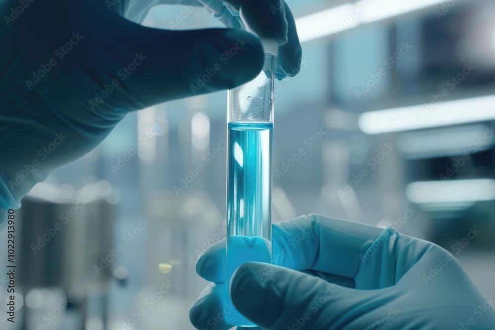Scientist taking test tube with light blue liquid in laboratory closeup. Space for text Scientist taking test tube with light blue liquid in laboratory closeup. Space for text