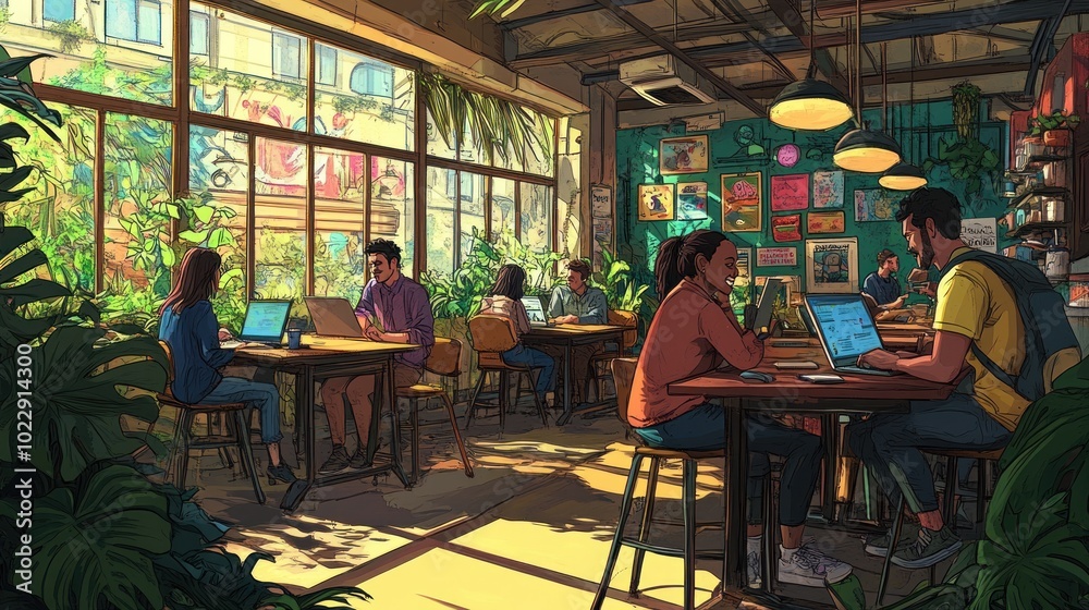 A vibrant caf? scene with people working on laptops amidst lush greenery.