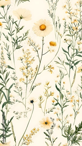 Vintage botanical illustration pattern, vintage wildflowers and herbs, muted pastel colors, cream background