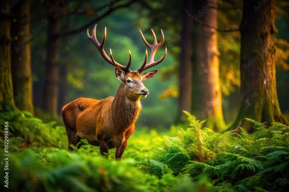 Majestic Prehistoric Deer Roaming Through Lush Green Forest in a Serene Natural Environment Majestic Prehistoric Deer Roaming Through Lush Green Forest in a Serene Natural Environment