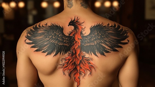 Phoenix tattoo on a male back. photo