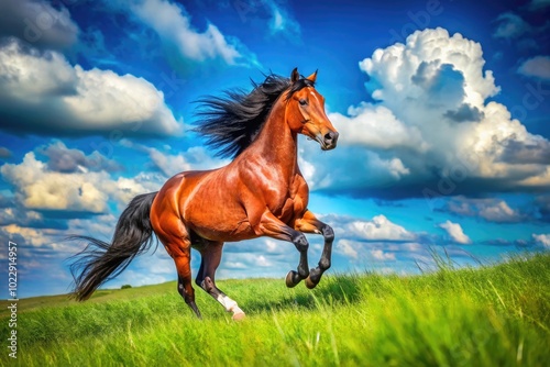 Majestic Potrillo Horse Galloping Across a Lush Green Meadow Under a Vibrant Blue Sky