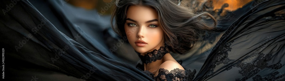 Enigmatic Brunette Witch in Dark Drapery Enigmatic Brunette Witch in Dark Drapery