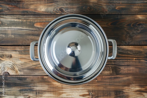 Stainless steel cooking pot with lid on a wooden kitchen table