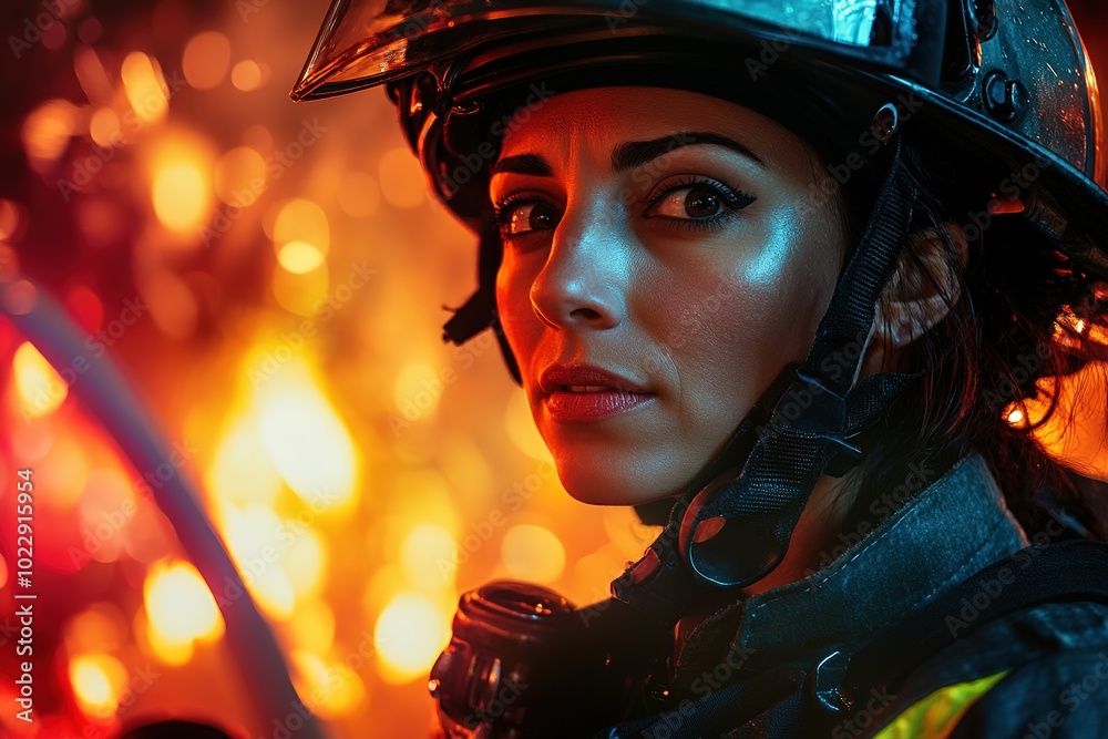 Female firefighter staring intently amidst flames Female firefighter staring intently amidst flames