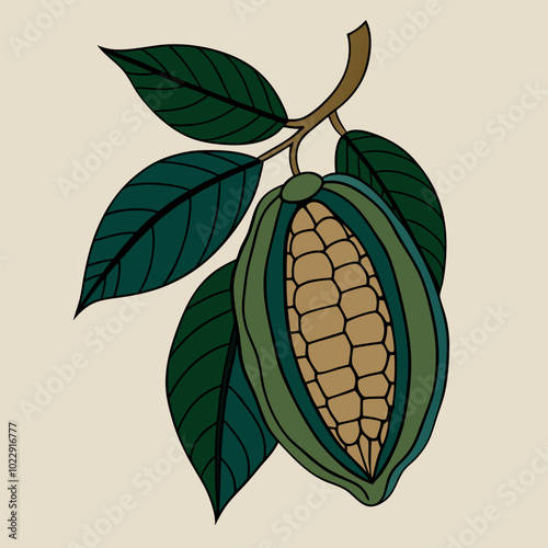 Minimalist cacao pod with leaves art in earthy tones