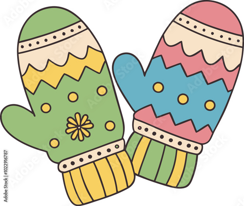 Colorful hand drawn winter mittens with geometric patterns in pastel tones