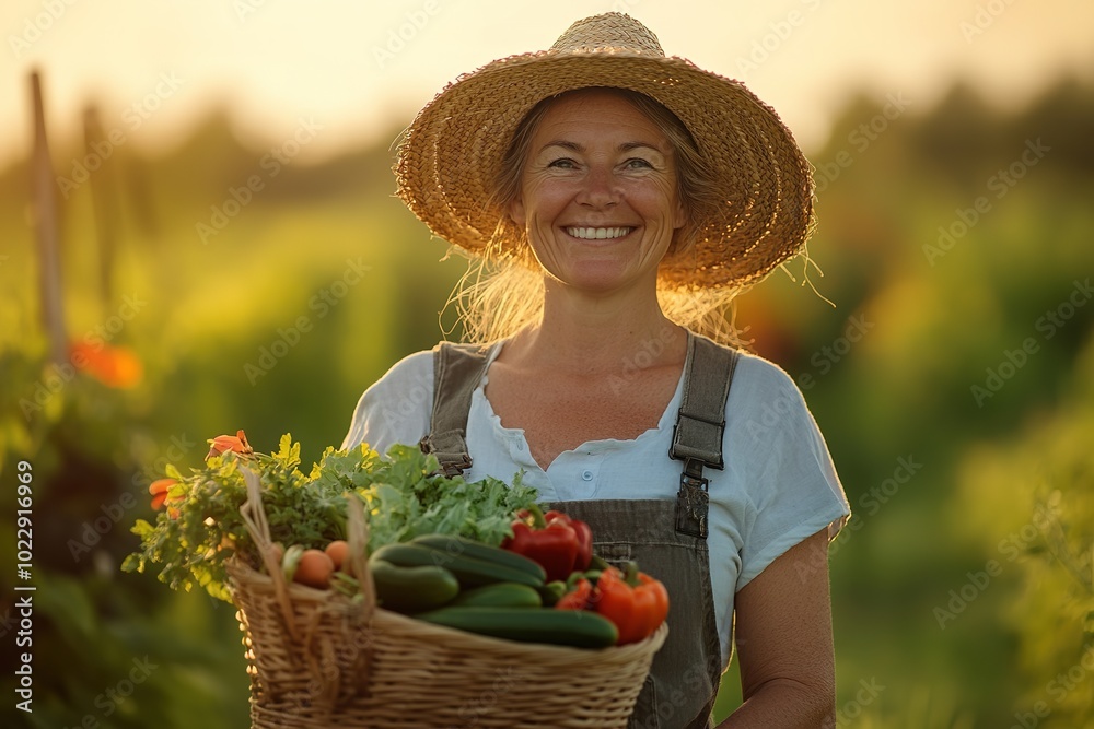Fototapeta premium Happy farmer with fresh vegetables in golden hour