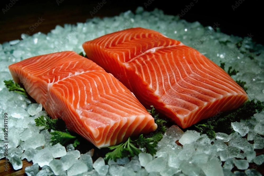 Fresh Salmon Filets on Ice with Green Herb, Orange Vibrant and Close-Up Photography Fresh Salmon Filets on Ice with Green Herb, Orange Vibrant and Close-Up Photography