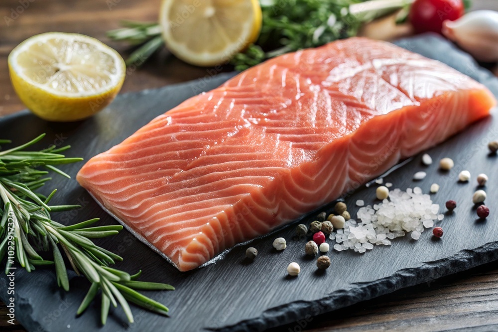 Fresh Raw Salmon Fillet on Slate with Herbs and Spices for a Delightful Culinary Experience Fresh Raw Salmon Fillet on Slate with Herbs and Spices for a Delightful Culinary Experience