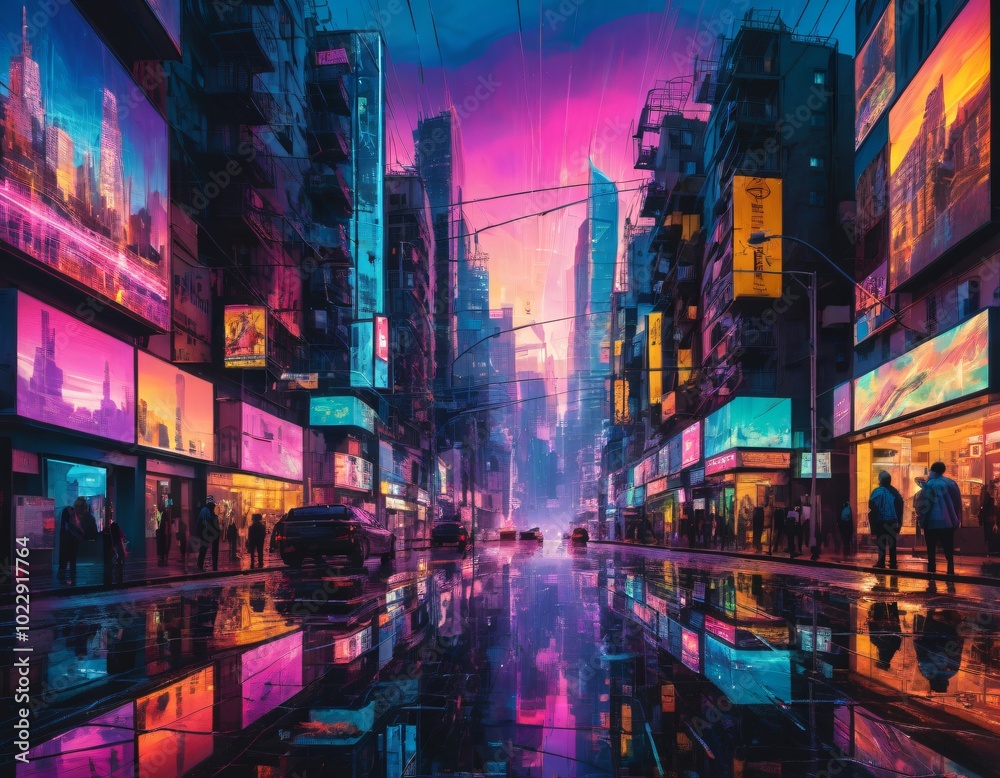Obraz premium A cyberpunk city street with neon lights and skyscrapers glitch art illustration