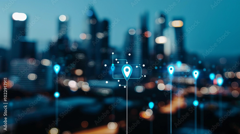 A Dynamic Cityscape at Night with Traffic Flow and Location Markers A Dynamic Cityscape at Night with Traffic Flow and Location Markers