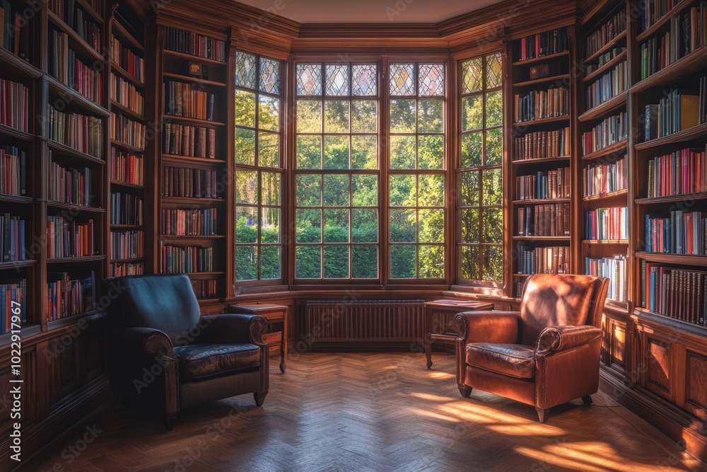 Cozy library nook filled with books. Natural light streams through large windows. Perfect space for reading or study. Enjoy peaceful moments in this inviting corner. Generative AI. Cozy library nook filled with books. Natural light streams through large windows. Perfect space for reading or study. Enjoy peaceful moments in this inviting corner. Generative AI.