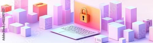 Wallpaper Mural 3D Isometric Laptop with Security Lock Illustration Torontodigital.ca