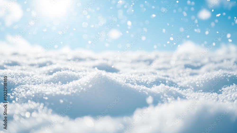 Snowy landscape with sparkling snowflakes and blue sky Snowy landscape with sparkling snowflakes and blue sky