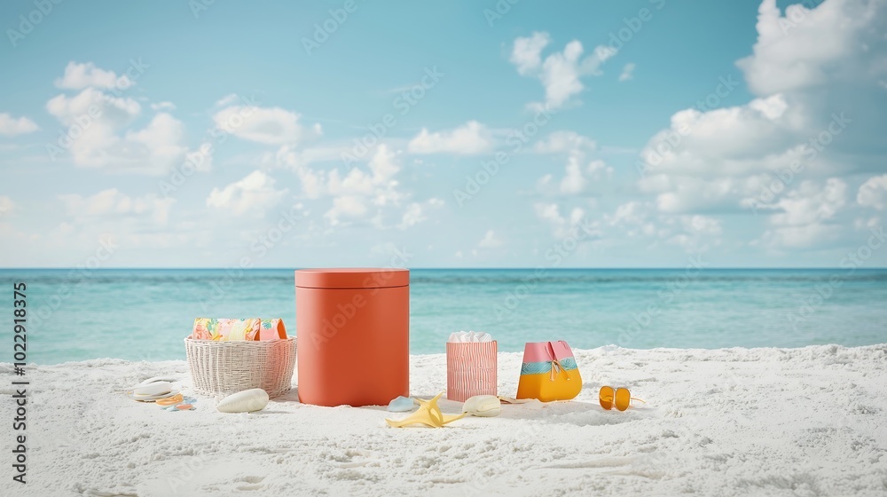 A high-end summer fashion advertisement poster highlighting vibrant swimwear and outdoor accessories against a backdrop of sandy beaches and clear blue skies. The image captures the dynamic energy of A high-end summer fashion advertisement poster highlighting vibrant swimwear and outdoor accessories against a backdrop of sandy beaches and clear blue skies. The image captures the dynamic energy of