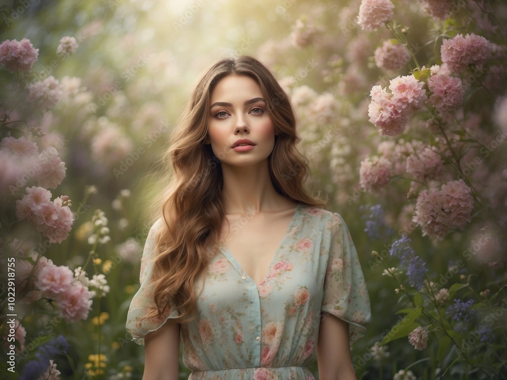 Young Woman in Garden Surrounded by Blooming Flowers and Soft Sunlight Young Woman in Garden Surrounded by Blooming Flowers and Soft Sunlight