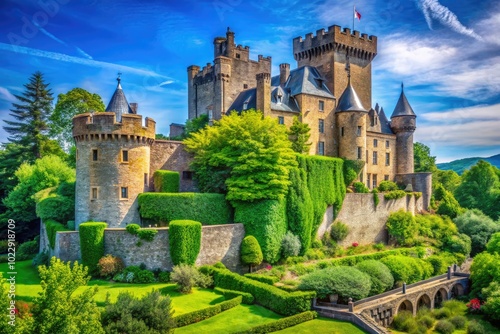 Majestic Stone Castle Keep Surrounded by Lush Greenery Against a Clear Blue Sky in Daylight