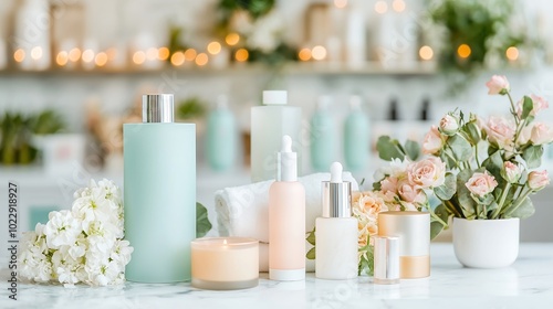 A luxurious spa setting featuring elegant marble surfaces and soft, ambient lighting. Focus on a tranquil treatment room adorned with fresh flowers and scented candles, creating an inviting