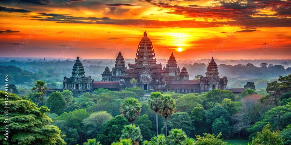 Εκτύπωση καμβά Majestic Sunset Over Angkor Wat Temple from Phnom Bakheng with Lush Greenery in