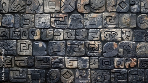 Incan pattern wall art, intricate black designs, traditional craftsmanship, cultural heritage, striking visual appeal, rich textures