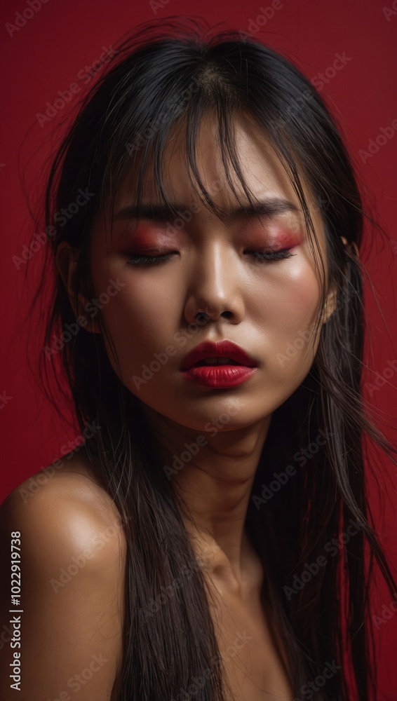 Asian woman with red lipstick, side gaze, serious expression, sleeveless outfit Asian woman with red lipstick, side gaze, serious expression, sleeveless outfit