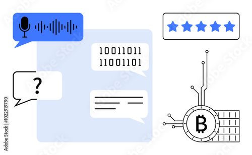 Chat bubbles with text and binary code, voice recognition symbol, cryptocurrency icon, and star rating. Ideal for technology, communication, cryptocurrency, reviews, and AI. Flat vector style with