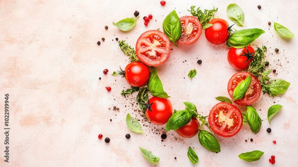 A vibrant arrangement of tomatoes and basil on a textured background, ideal for culinary use. A vibrant arrangement of tomatoes and basil on a textured background, ideal for culinary use.