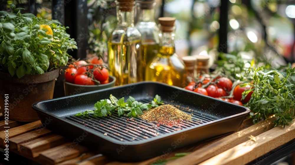 A black grilling pan with fresh herbs, spices, and tomatoes on a wooden table, ready for cooking. A black grilling pan with fresh herbs, spices, and tomatoes on a wooden table, ready for cooking.