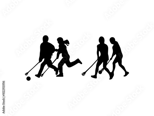 Woman broomball player silhouette. Set of broomball silhouette isolated on a white background.